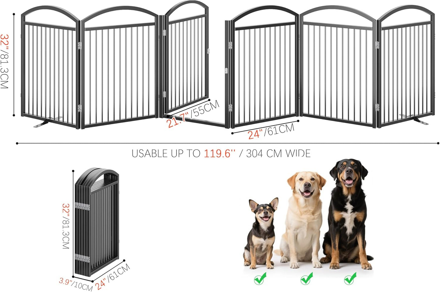 Folding No-Assembly Freestanding Dog Gate with Door,32" Heights Foldable Pet Fence,144" Extra Wide Accordion Puppy Folding Playpen for Doorways,House,Stairs (6 Panels,White)