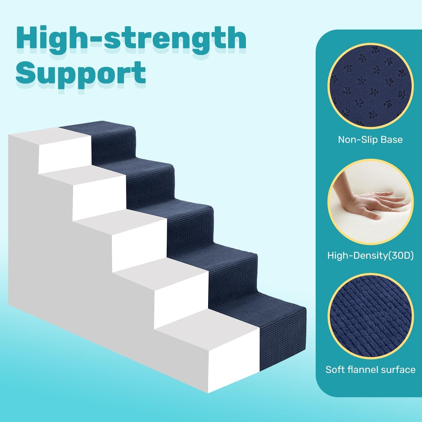 Dog Stairs for Bed, Extra Wide 5-Step Dog Steps for High Bed, High-Density Foam Pet Stairs with Non-Slip Removable Washable Cover for Small Pets, 23" H, Navy