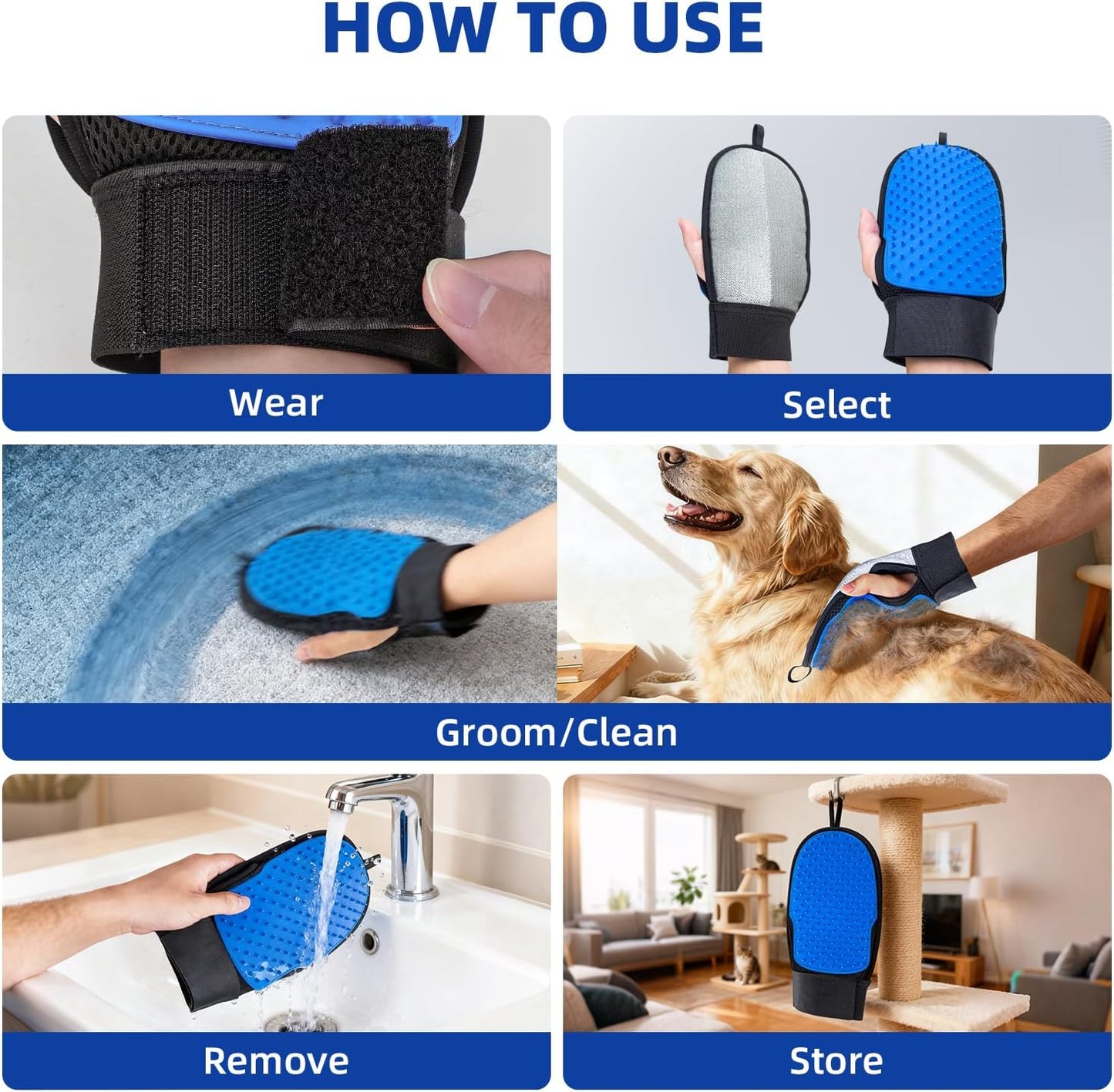 TQRR 2 in 1 Pet Hair Removal Glove for Dog & Cat, Silicone Pet Grooming Gloves, Reusable Magic Pet Hair Brush, Electrostatic Pet Hair Remover Tool for Sofa, Carpets, Furniture, Car Seats, Clothing
