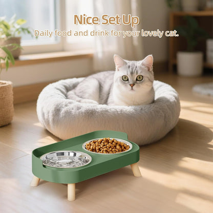 Elevated Cat Bowl, Raised Cat Food and Water Bowl Set for Indoor Cats, Splash Proof with 2 Stainless Steel Pet Food Bowls for Cats and Puppies, Whisker Fatigue and Dishwasher Safe - White