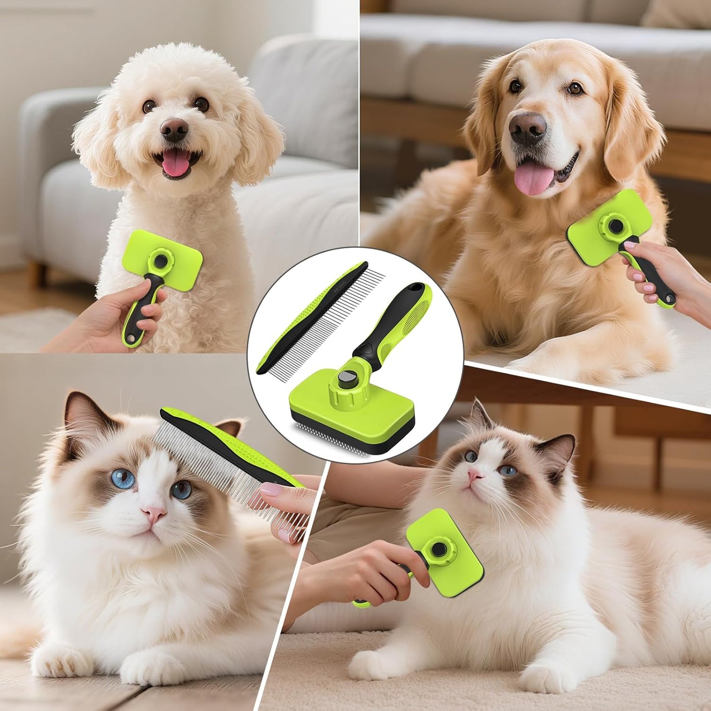 2PCS Self Cleaning Slicker Brush & Dog Comb - Skin Friendly Deshedding Grooming Tool for Dogs, Cats and Small Animals, Professional Deshedding Dematting Tool for Long and Short Haired Pets (Pink)
