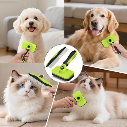 2PCS Self Cleaning Slicker Brush & Dog Comb - Skin Friendly Deshedding Grooming Tool for Dogs, Cats and Small Animals, Professional Deshedding Dematting Tool for Long and Short Haired Pets (Pink)