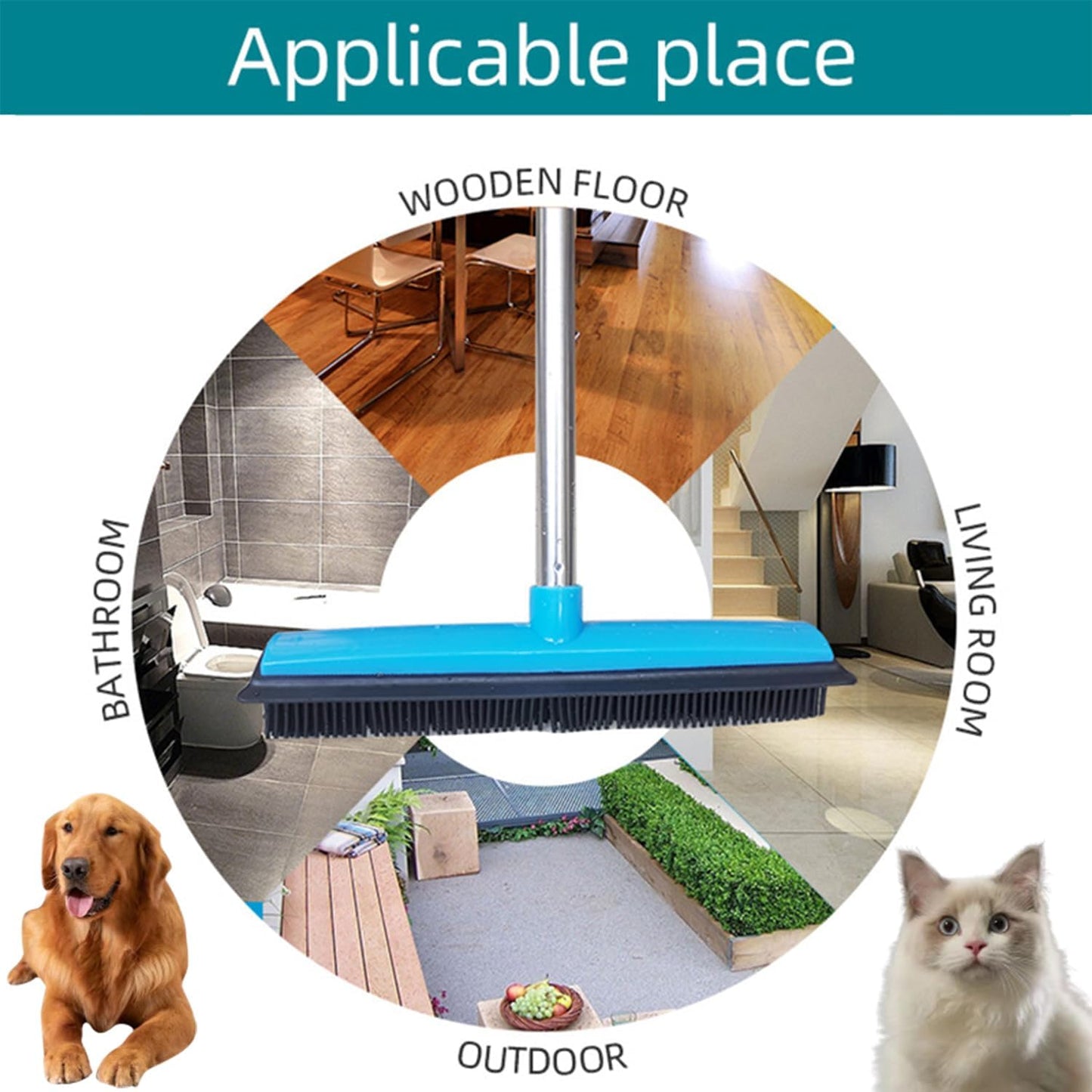 Pet Hair Removal Broom, Pet Hair Removal Tool, Multi-Surface Squeegee Rubber Broom, Rubber Broom Pet Hair Remover, Extendable Pet Hair Remover Broom for Carpet, Mats,Couch (Black)