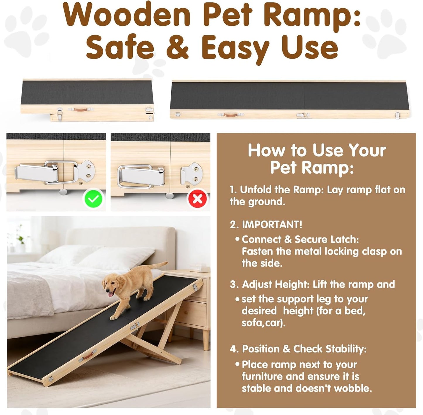 Dog Ramp for Couch with Non-Slip Silicone Mat, 39" Wooden Pet Ramps for Small Dogs, Hold up to 100lb, Adjustable Height from 11.41" to 20.47", Portable Stable Pet Step for Sofa Stairs