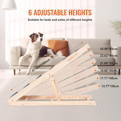 VEVOR Dog Ramp, Folding Pet Ramp for Bed, Adjustable Dog Ramp for Small, Large, Old Dogs & Cats, Wooden Pet Ramp with 39.3" Long Ramp, Adjustable from 15" to 22", Suitable for Couch, Sofa, Car
