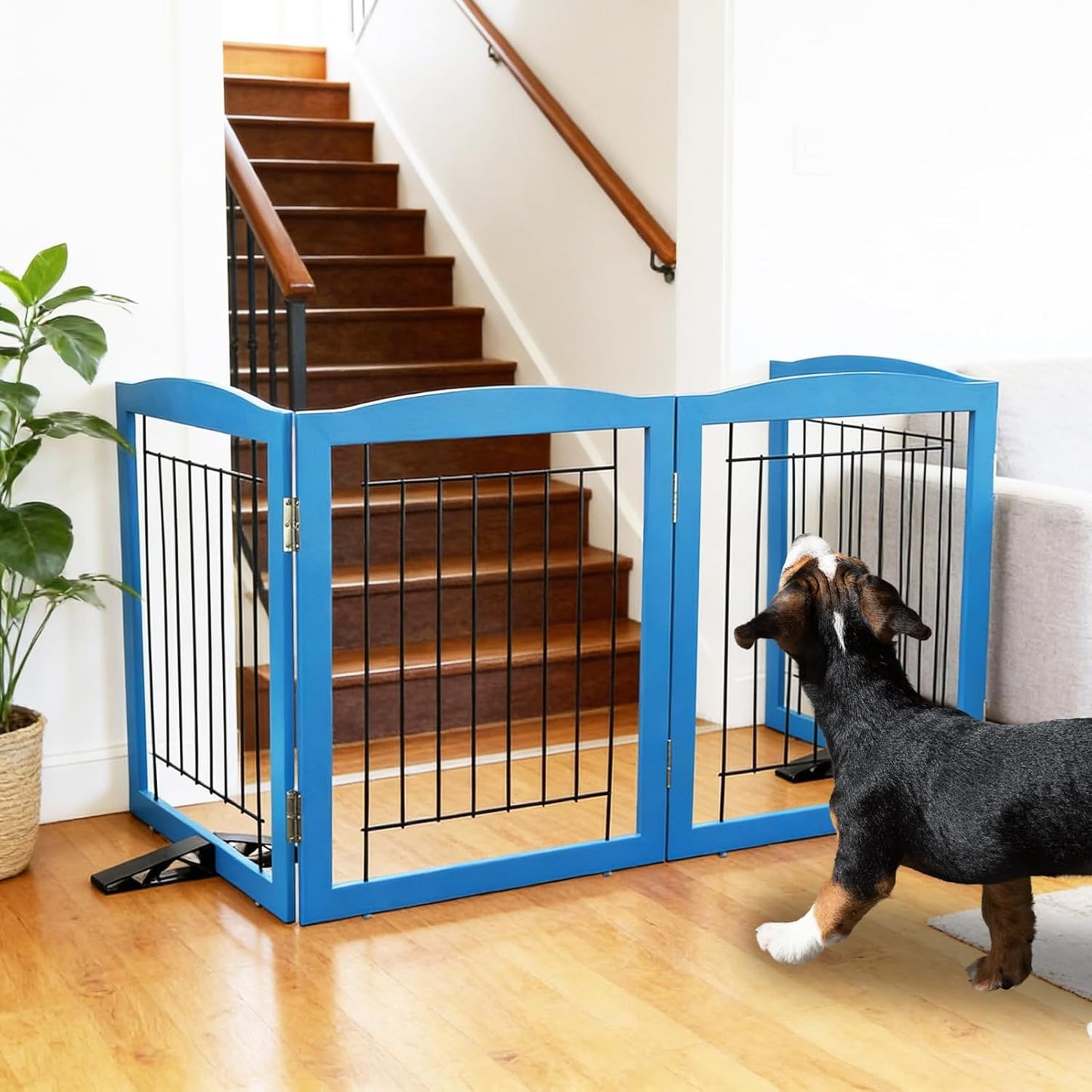 ZJSF Freestanding Dog Fence Indoor, Foldable Dog Gate for Doorways, Stairs or Hallways, Sturdy Wood Extra Wide Pet Gate with Support Feet for The House, White, 24 "Height-3 Panels