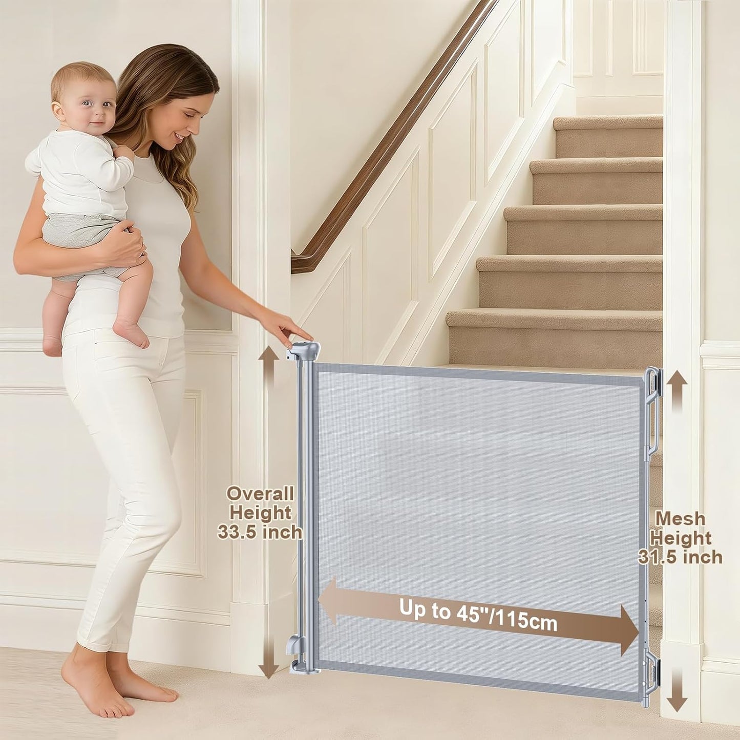 SPACEANY Retractable Safety Baby Gate or Mesh Dog Gate,Durable Portable Mesh Retractable Gate,Easy to Use for Stairs, Doorways, Hallways, Indoor, Outdoor, 33.5" Tall, Up to 45" Wide, Cream