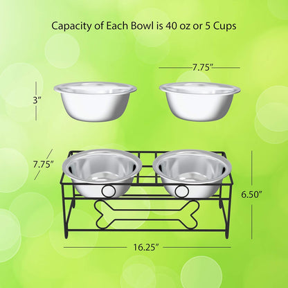 Set of 2 Stainless Steel Dog Bowls - 40oz Pet Bowls with Decorative Dog Food Stand - Metal Food and Water Dishes for Large Pets - Puppy Essentials by PETMAKER (Silver/Black)