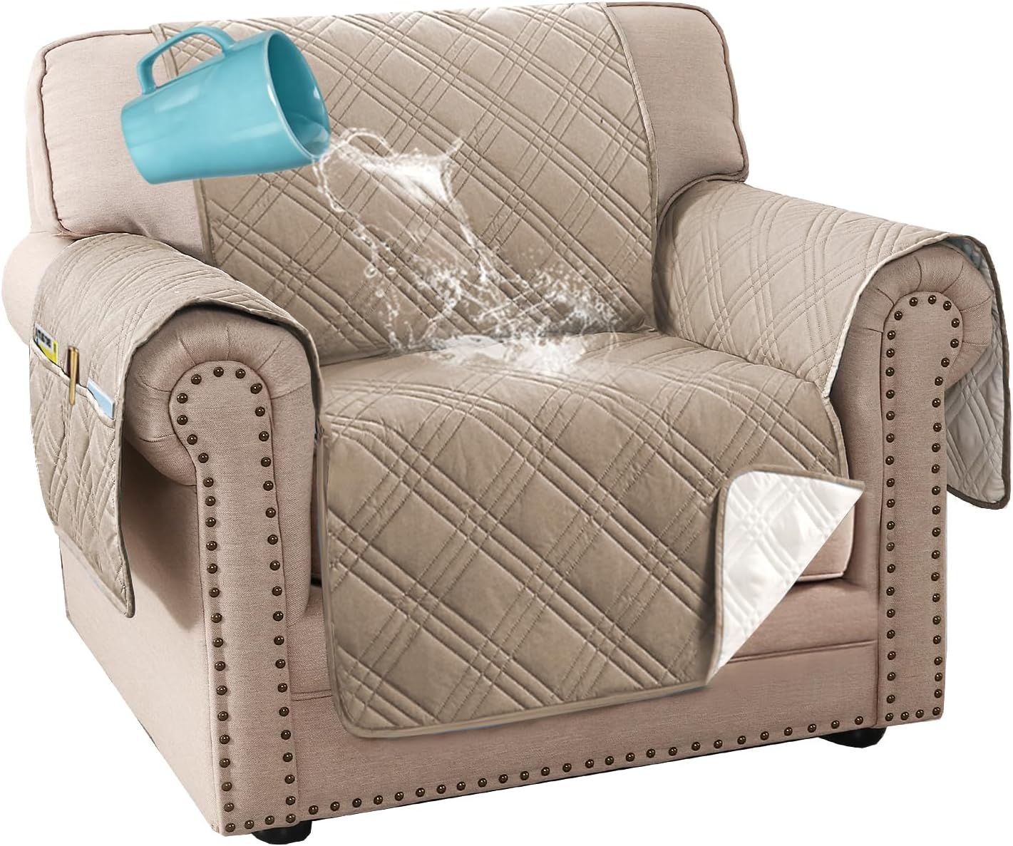 H.VERSAILTEX 100% Waterproof Slipcovers for Couches and Sofas Modern Pet Couch Cover Thick Soft Furniture Protector with Elastic Straps(Sofa, Lily Pad/Beige)