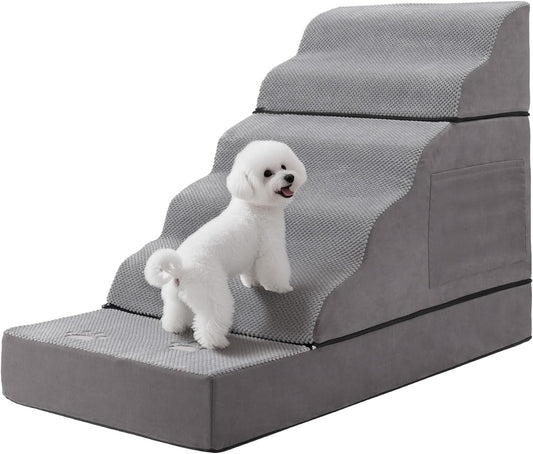 Large Dog Stairs – Extra Large Dog Steps for Bed, Couch & Car, 6-Step Pet Steps for Puppies & Senior Dogs, Pet Stairs with Washable Cover, Side Pockets, Non-Slip Bottom, 43.3" L x 19.7" W Grey