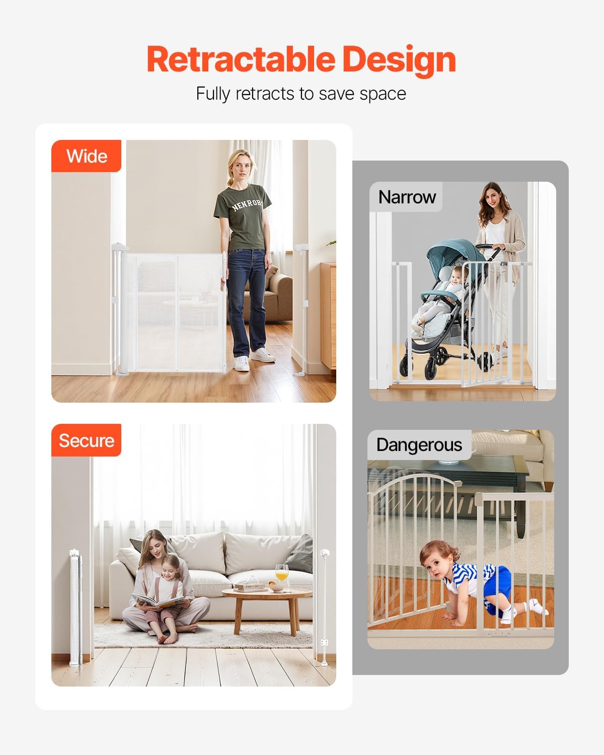 VEVOR Retractable Baby Gate, 34 inch Tall, Extends up to 110 inch Wide, Retractable Gate for Kids or Pets, Mesh Material, Easy to Install for Indoor Stairs, Doorways, Hallways, Playrooms, Gray