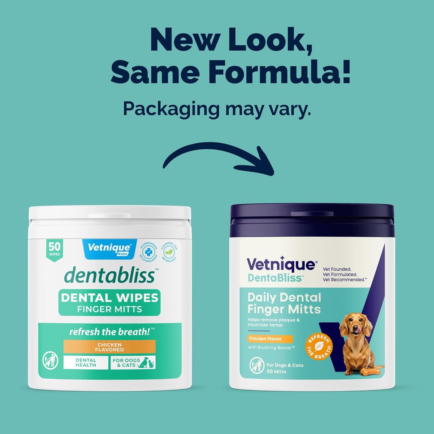 Vetnique Dentabliss Cat & Dog Teeth Cleaning Dental Wipes, Dog Toothbrush Alternative Finger Mitt Pet Wipes, Tartar & Breath Freshener, Vet Formulated Pet Dental Care, 50ct (Peppermint Flavored)