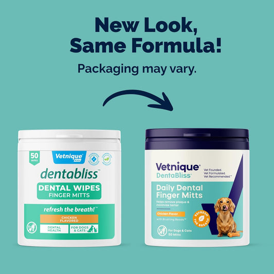 Vetnique Dentabliss Cat & Dog Teeth Cleaning Dental Wipes, Dog Toothbrush Alternative Finger Mitt Pet Wipes, Tartar & Breath Freshener, Vet Formulated Pet Dental Care, 50ct (Peppermint Flavored)