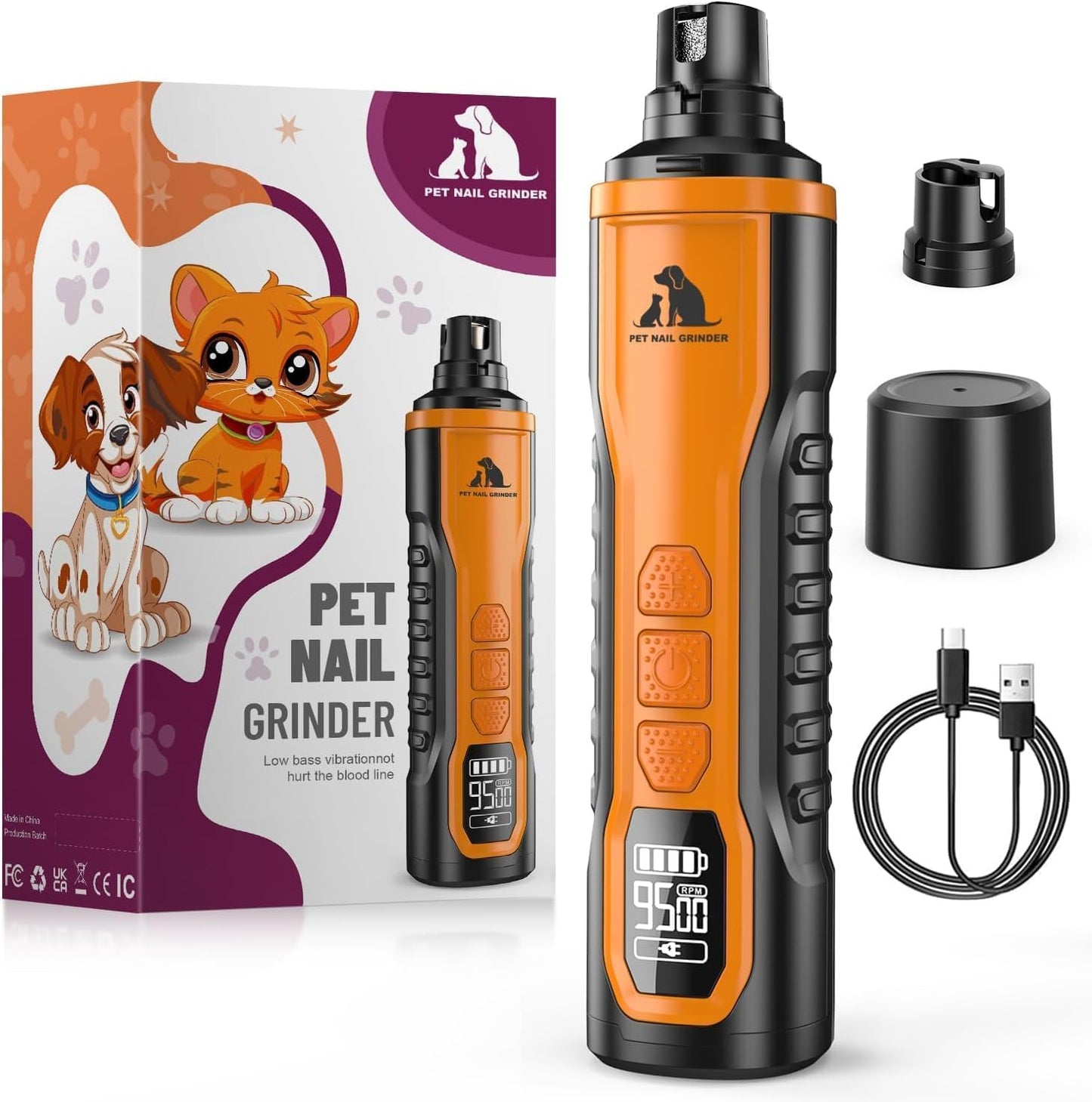 Electric Dog Nail Grinder: 5-Speed Quiet Dog Nail Trimmer with LED Light, Adjustable Safety Guard, Rechargeable Cordless Design for Small to Large Dogs & Cats(Black)