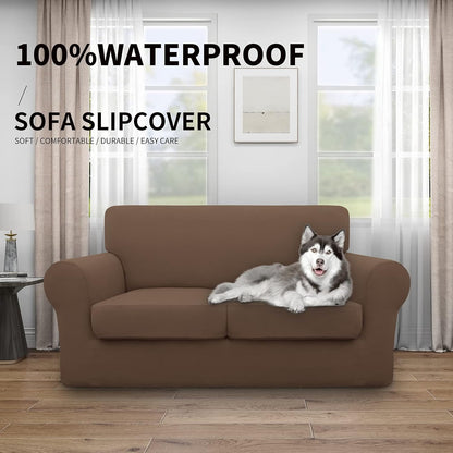 Easy-Going 100% Dual Waterproof 4 Pieces Stretch Soft Couch Cover for Dogs, Sofa Slipcover for 3 Separate Cushion Couch Leakproof Furniture Protector for Kids, Pets Dark Gray