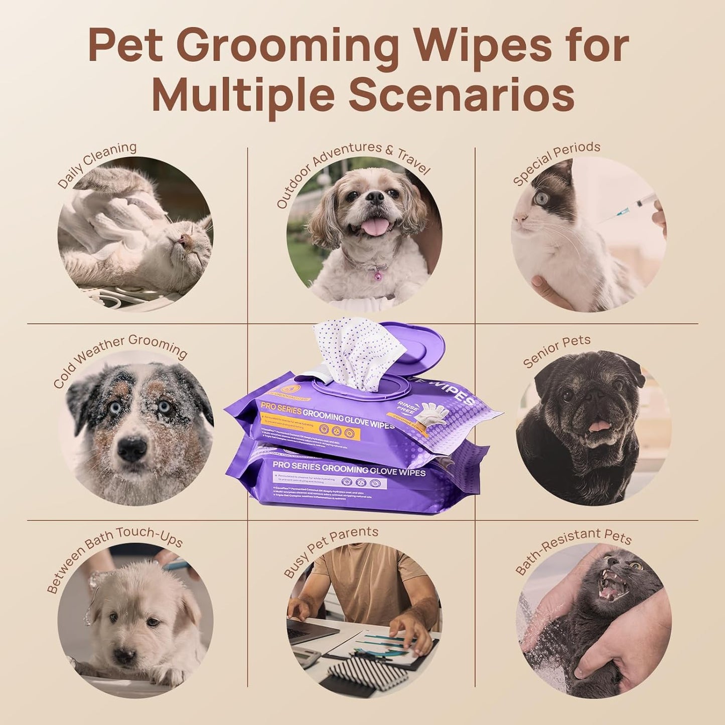 HICC PET Glove Wipes Pro – Pet Cleaning Gloves for Dogs & Cats – Infused with Coconut Oil & Plant Extracts – Hypoallergenic, Gentle, Spa-Like Care at Home, Portable 6 Pack-Coconut Scent
