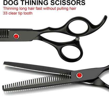 FAIGEO Dog Grooming Scissors with Safety Round Tips Stainless Steel Professional Dog Grooming Kit - Thinning, Curved Scissors and Comb for Cat Pet (Pink 4 in 1)