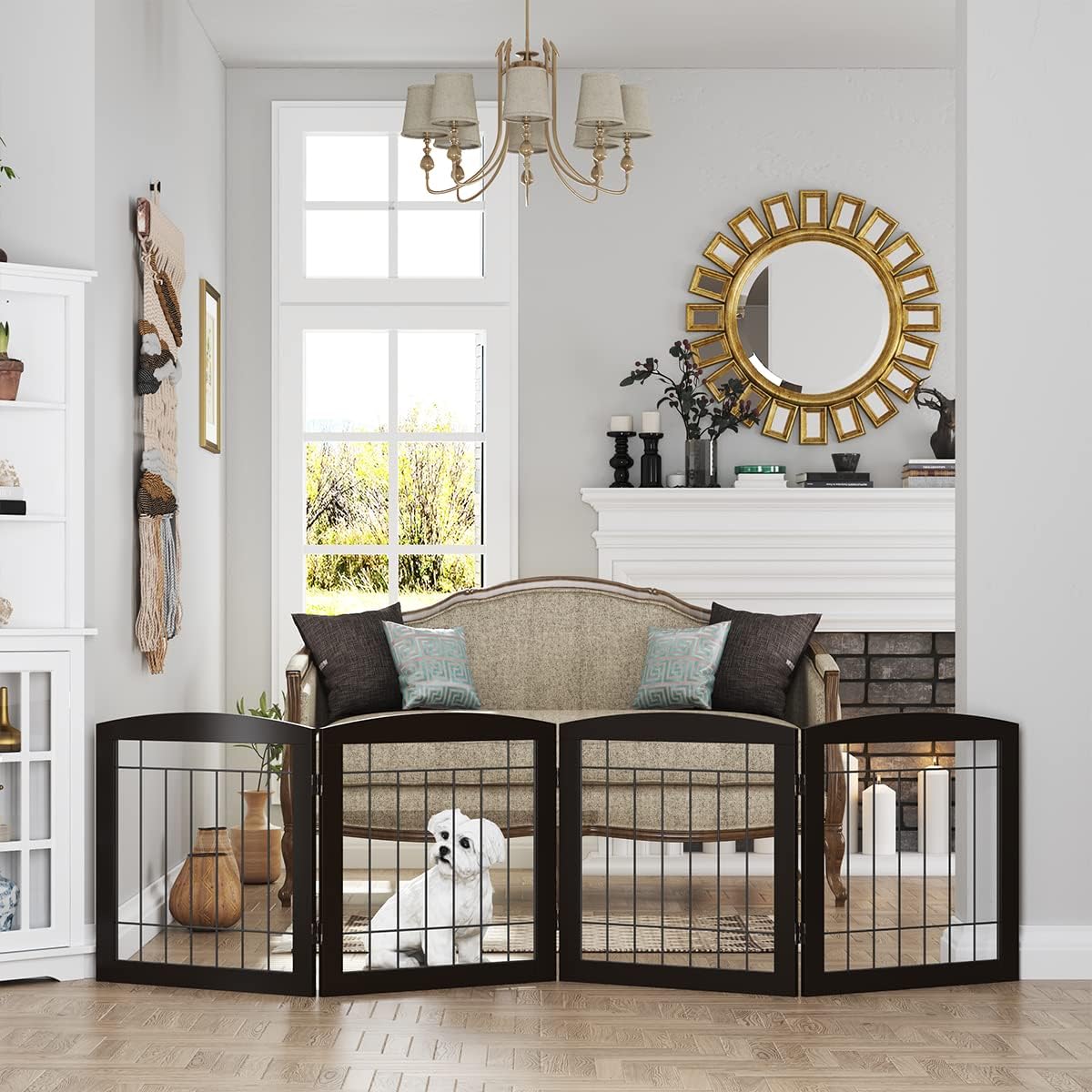 PAWLAND Free Standing Dog Gates for The House Stairs Doorways Indoor Foldable Wooden Small White Puppy Pet Gate Step Over Fence 60" W 24" H 3 Panels