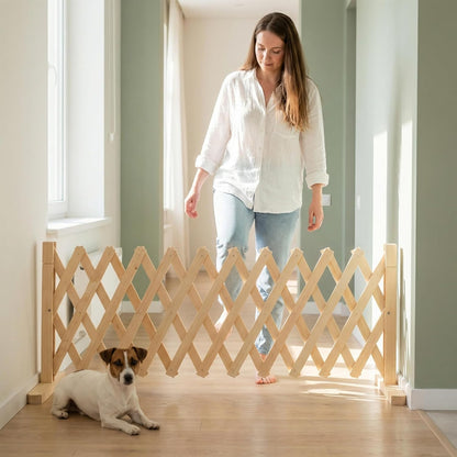 Adjustable Freestanding Wooden Pet Gate for Doorways & Stairs - Pressure Mounted Short Dog Gate, 15in Tall Freestanding Gate Expands 14 to 49in Wide for Dogs and Cats