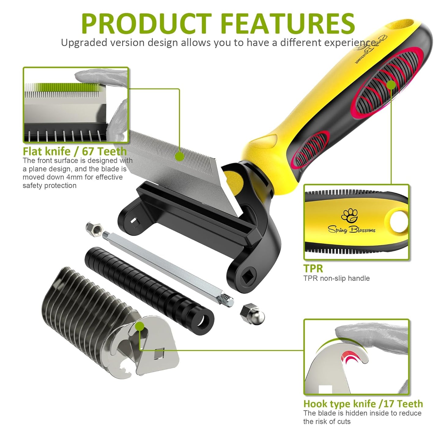 Spring Blossoms-2 in 1 Professional Grooming Rake for Cats & Dogs-Dematting Comb for Easy Mats & Tangles Removing,Pet Brush Safe No More Nasty Shedding and Flying Hair (Orange)