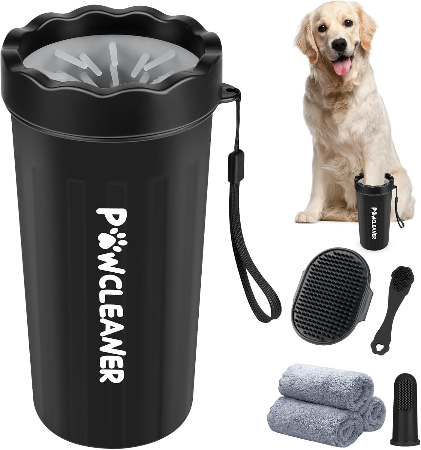 Professional 7 in 1 Dog Paw Cleaner for Dogs & Cats - Includes 1 Portable Paw Washer, 1 Bath Brush, 2 Dog Toothbrushes and 3 Absorbent Towels Note: Fits Paws up to 2 Inches Wide (Small, Blue)