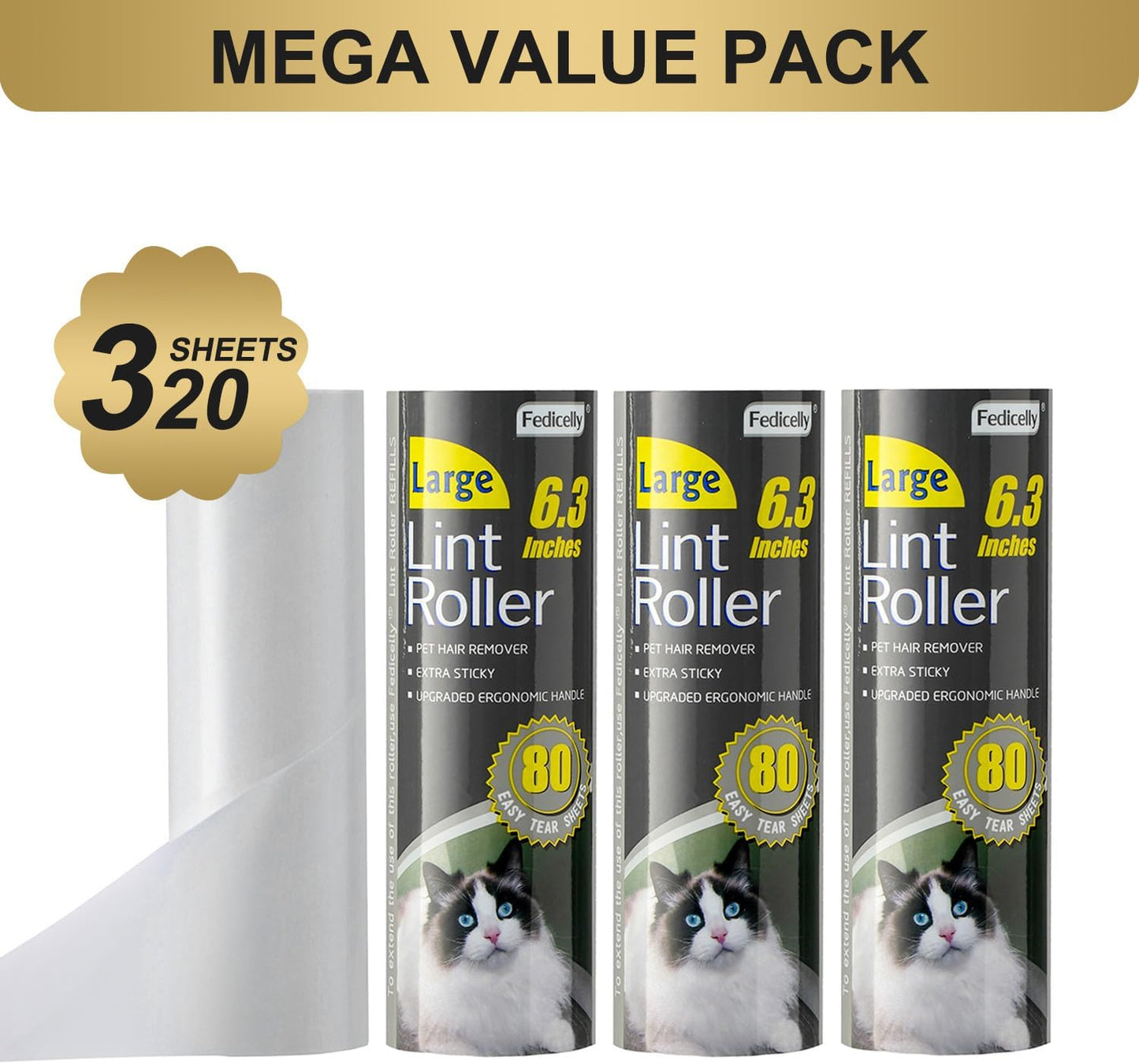 Fedicelly Lint Rollers Pet Hair Extra Sticky Furniture,Cat Dog Hair Remover Laundry Clothes Carpet, 6.3 inches Wider with 320 Sheets Large Lint Remover Brush for Couch