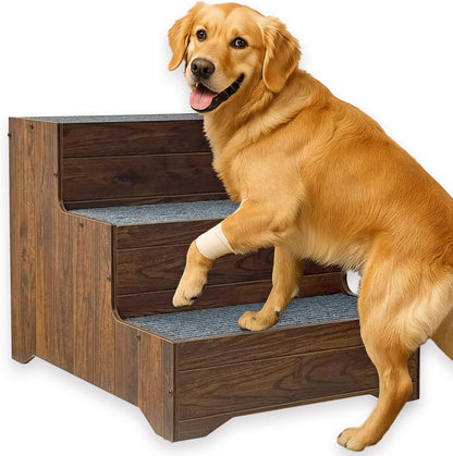 Furniture Dog Stairs for Large Dogs, Wooden Wide Pet Steps, Non-Slip 3-Step Stable Dog Ladder for High Bed,Couch,Sofa – Upgraded Solid Stair for Senior, Injured, Recovering, Short-Legged Pets,Walnut