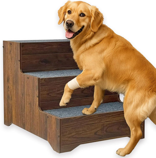 Furniture Dog Stairs for Large Dogs, Wooden Wide Pet Steps, Non-Slip 3-Step Stable Dog Ladder for High Bed,Couch,Sofa – Upgraded Solid Stair for Senior, Injured, Recovering, Short-Legged Pets,Walnut