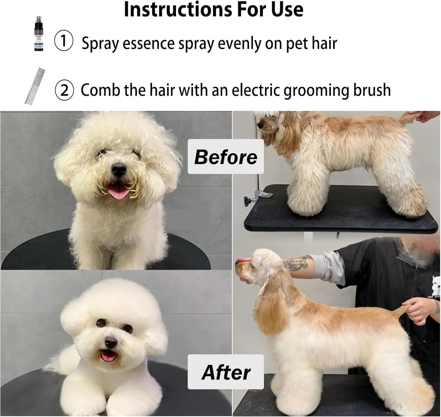 Coconut Care Spray for Pets, Nourishing Fur Oil with Comb, Moisturizing & Detangling Spray for Dogs & Cats, Natural Coconut Oil for Dry Skin & Shiny Coat, 100ml/3.38 fl oz