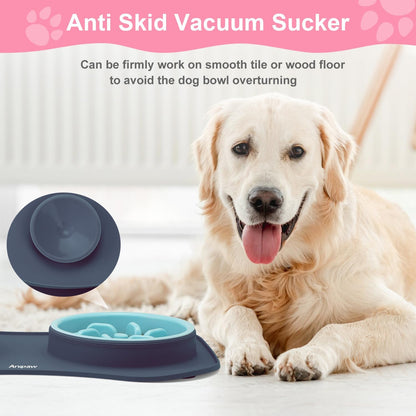 Anipaw Slow Feeder Dog Bowls 3 in 1 Stainless Steel Food and Water Bowls with Non-Spill and Skid Silicone Mat to Slow Down Eating for Large Medium Small Breed Size Dogs and Cats
