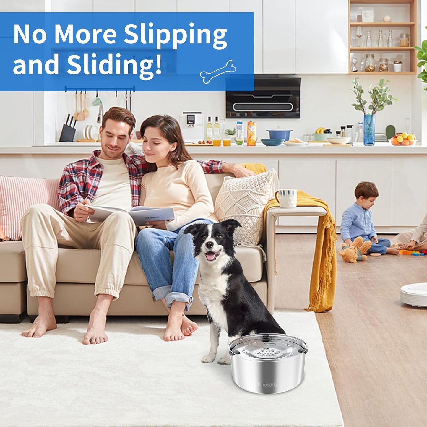 Kactoily 3L/101oz Large Capacity Dog Water Bowl Stainless Steel No Spill Dog Bowls Slow Drinking Dog Water Feeder Dispenser