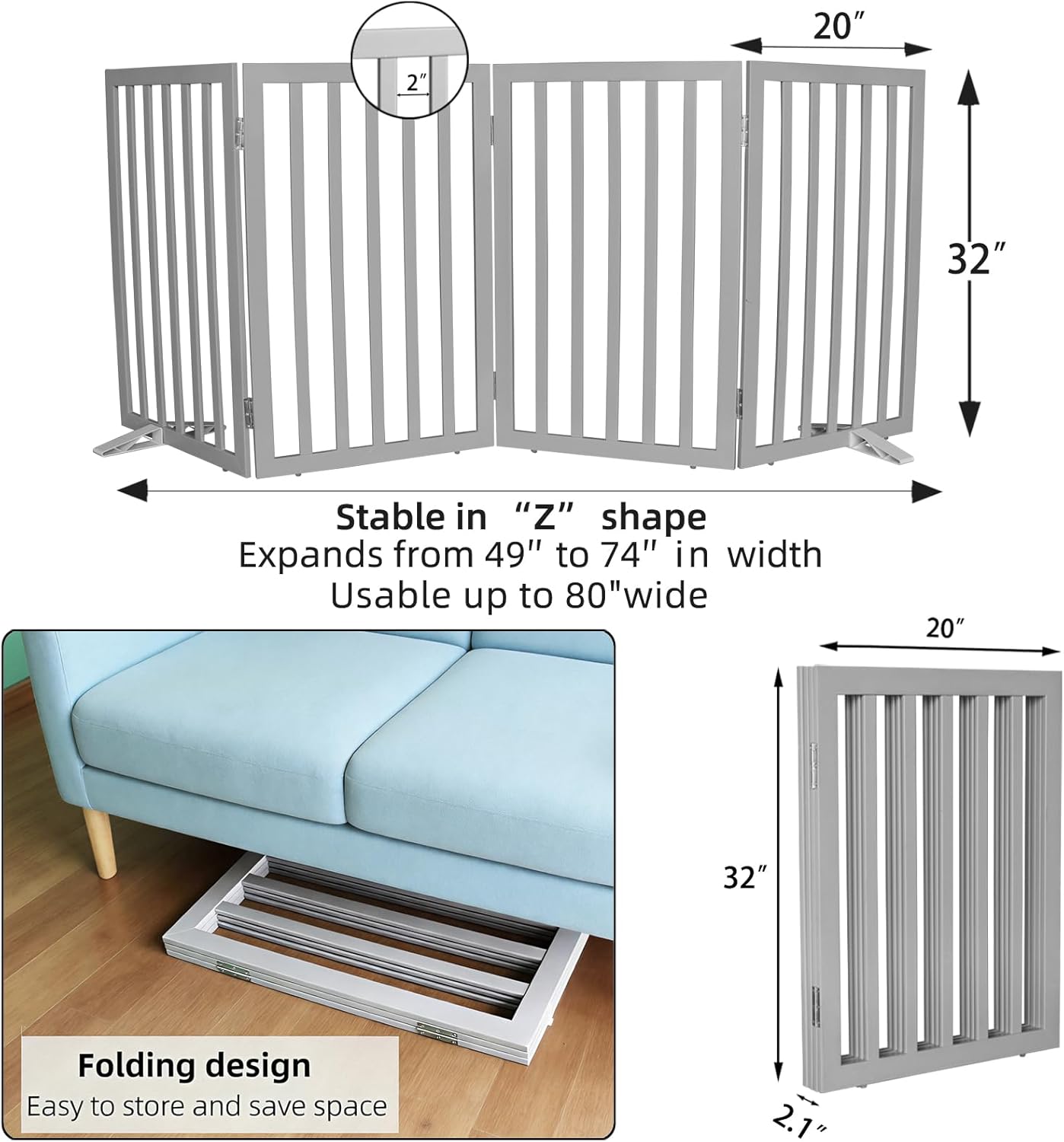 Dog Gate Indoor, Freestanding Dog Fence for The House, Doorways, Hallways,or Stairs,Pet Gate Foldable Wooden,Expandable 24" Height 3 Panels,White