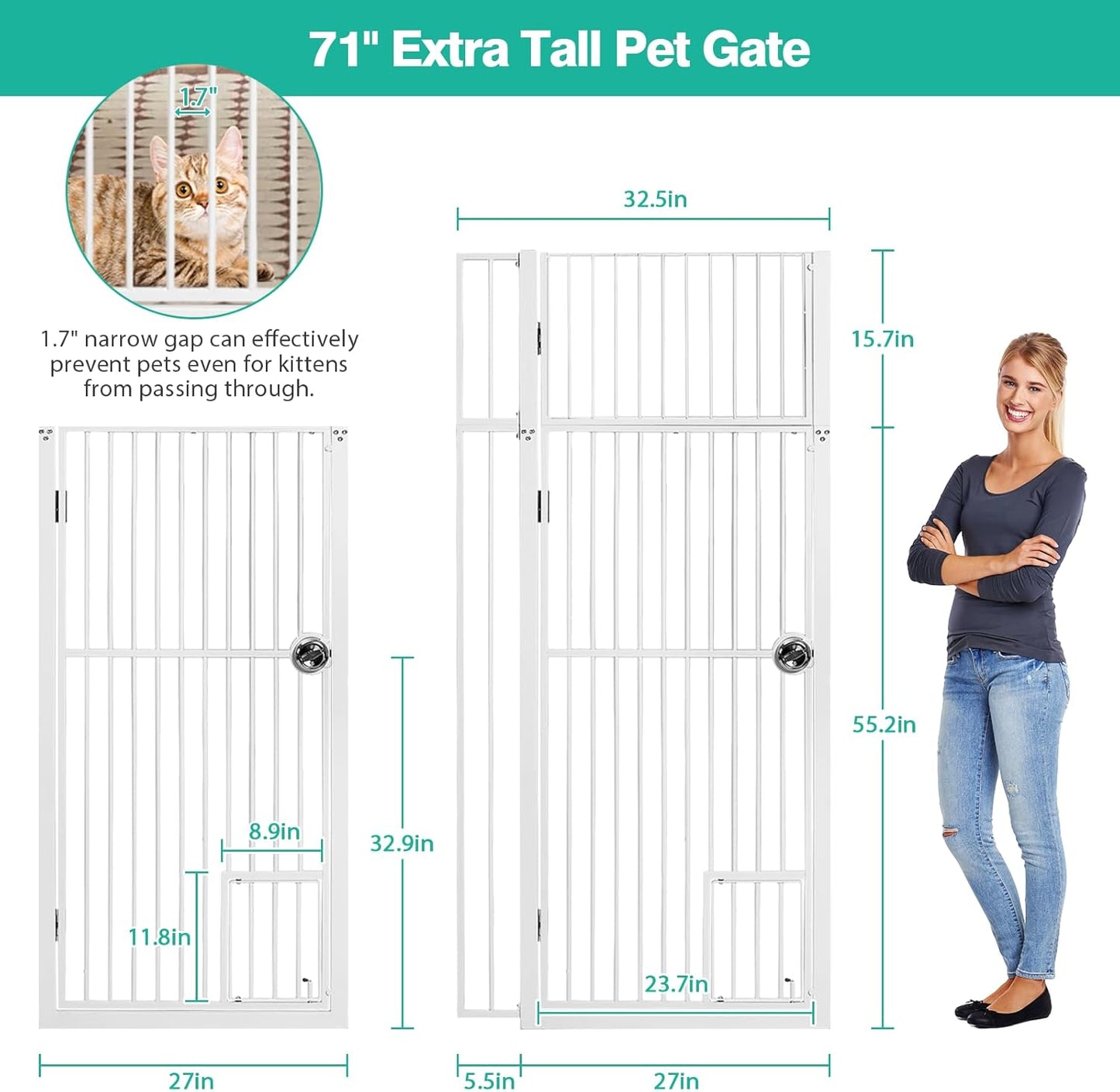 71 inch Extra Tall Gates for Cats Dogs, Adjustable 28.7" and 37.5" Wide Cat Gate, Pressure Mounted Full Door Pet Gate for Doorway, Stairs,House (Black, 71")