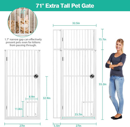 71 inch Extra Tall Gates for Cats Dogs, Adjustable 28.7" and 37.5" Wide Cat Gate, Pressure Mounted Full Door Pet Gate for Doorway, Stairs,House (Black, 71")