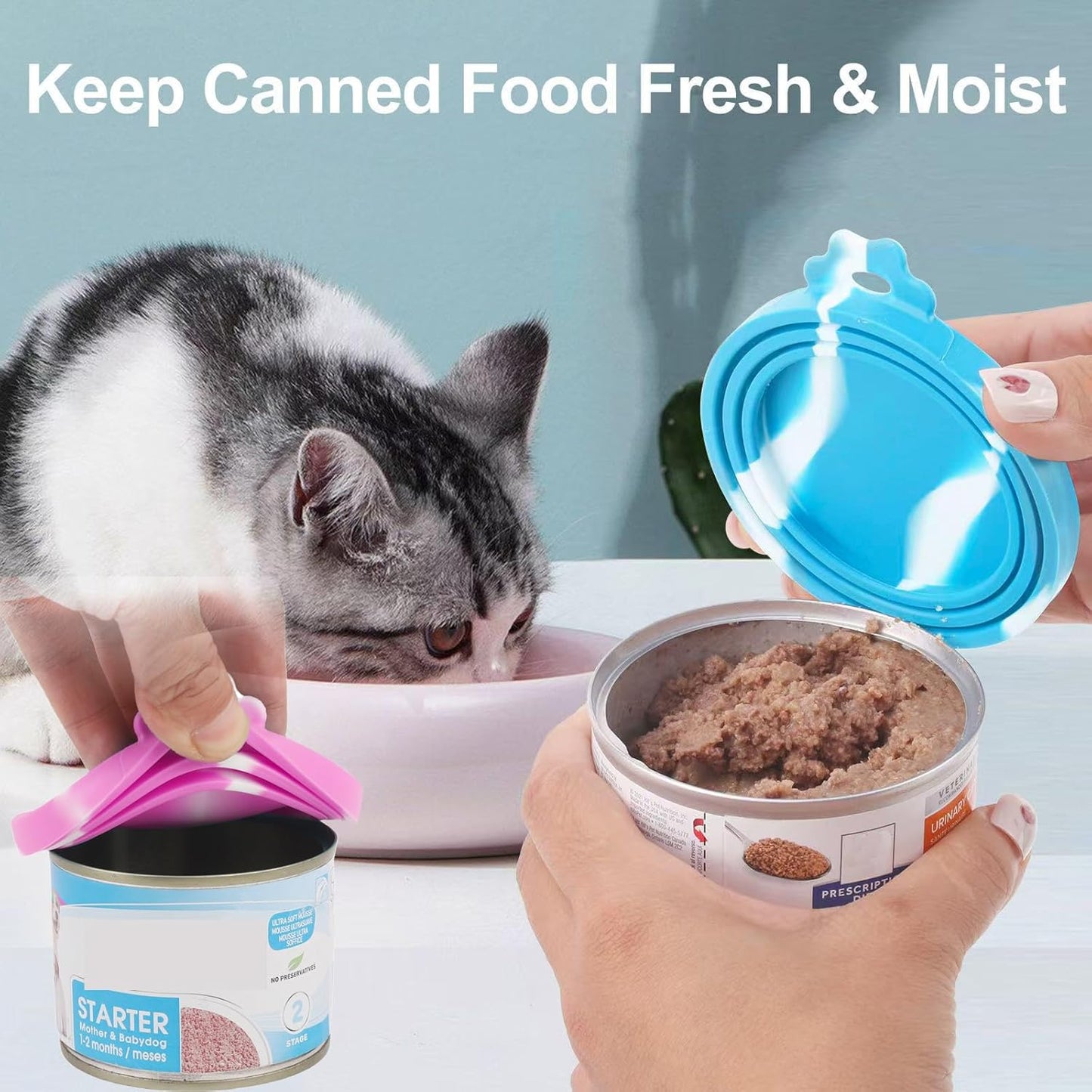 Comtim 5 PCS Pet Food Can Lids & Spoons Set - Silicone Dog Cat Covers With Multi-Function Spatula Opener for Wet Food - Long Handle Easy to Scoop