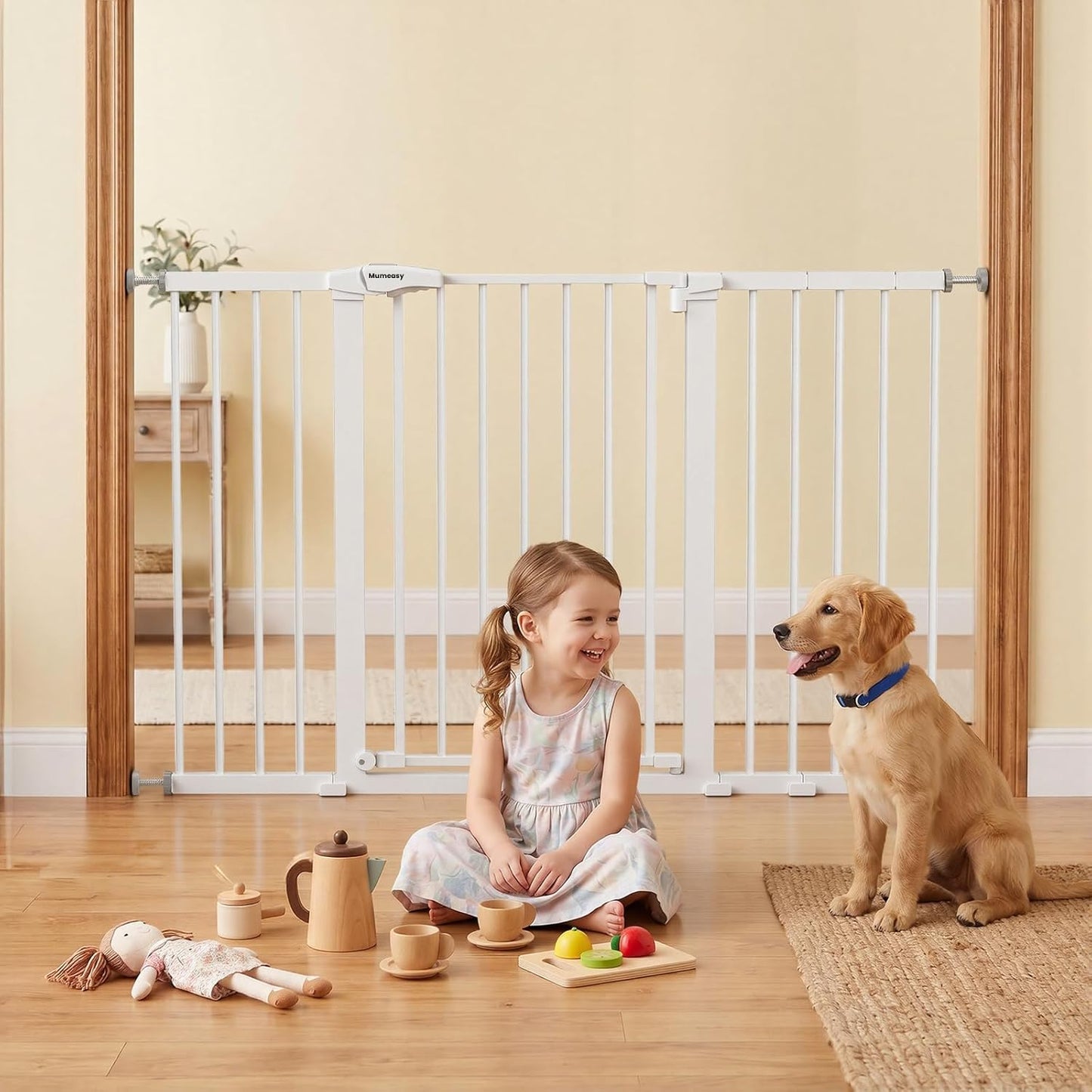 Mumeasy Baby Gate Extra Wide, 29.7-51'' Pressure Mounted Dog Gate with Walk Thru Door, Auto Close Pet Gate for House, Stairs, Doorways,Black