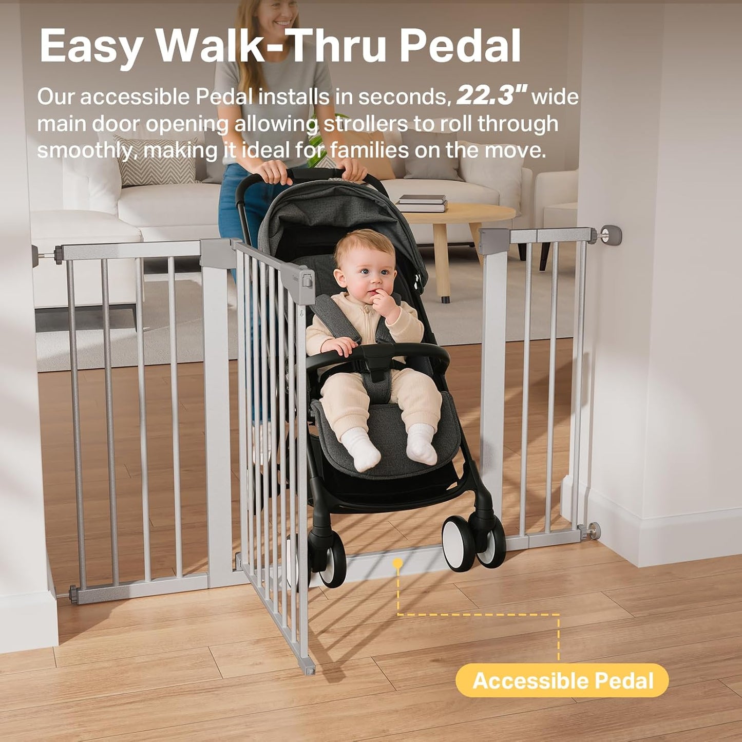 Cumbor 36.6-64" Extra Wide Baby Gate for Stairs, Dog Gates for Doorways, Auto-Close Pet Gate Indoor, Pressure Mounted Walk Through Safety Child Gate for Kids Toddler, Tall Pet Puppy Fence Gate, Brown