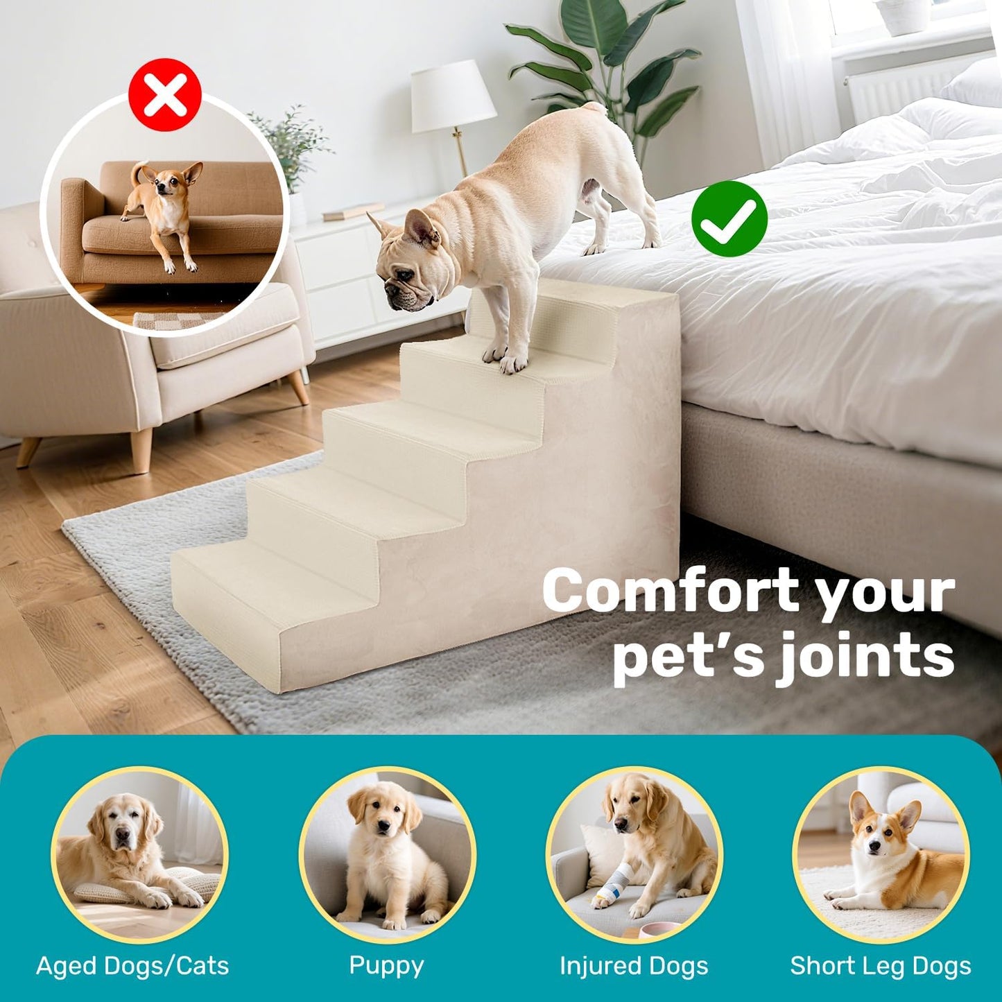 Dog Stairs for Bed, Extra Wide 5-Step Dog Steps for High Bed, High-Density Foam Pet Stairs with Non-Slip Removable Washable Cover for Small Pets, 23" H, Navy