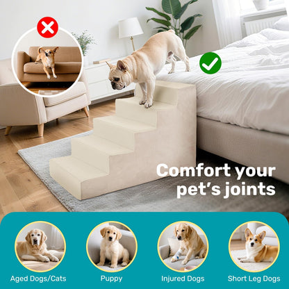 Dog Stairs for Bed, Extra Wide 5-Step Dog Steps for High Bed, High-Density Foam Pet Stairs with Non-Slip Removable Washable Cover for Small Pets, 23" H, Navy