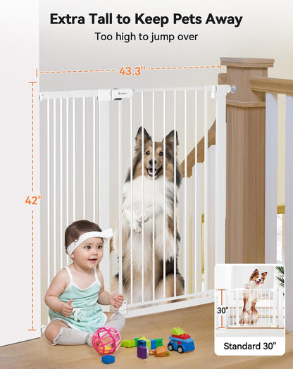 COMOMY 42" Extra Tall Baby Gate for Stairs Doorways, Fits Openings 29.5" to 40.6" Wide, Auto Close Sturdy Safety Dog Gate for House, Pressure Mounted Easy Walk Through Pet Gate with Door, White