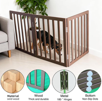 ZJSF Freestanding Indoor Dog Gate for House Foldable Wood Brown Puppy Gate for Doorways Pet Gate for Stairs Extra Wide Pet Fence 24" Height 2 Panels