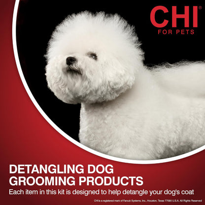 CHI for Dogs Small Dog Detangling Kit, 3-Piece Grooming Set with Detangling Spray, Slicker Brush, and Double-Sided Pin-and-Bristle Brush for Small Breeds with Tangles and Mats, Includes Zipper Pouch