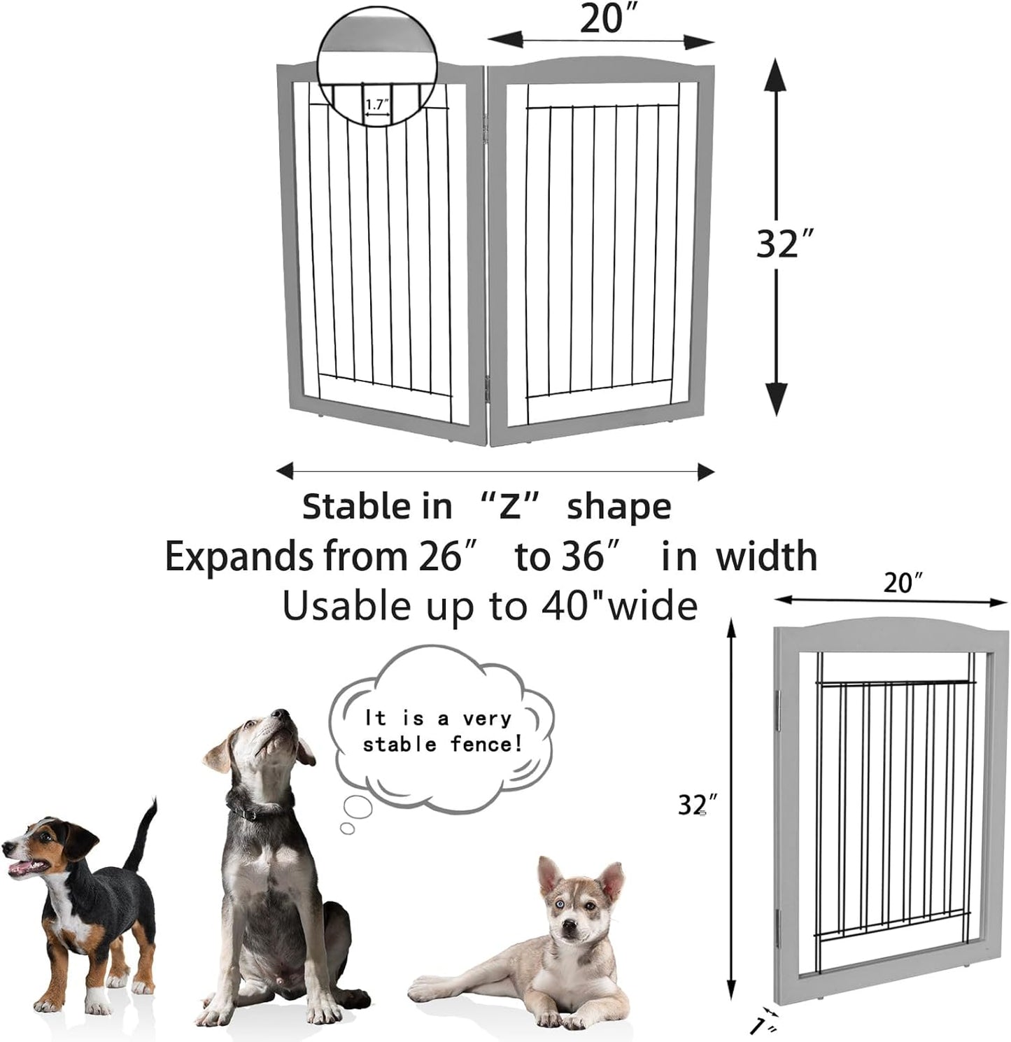 ZJSF Freestanding Foldable Dog Gate for House Extra Wide Wooden White Indoor Puppy Gate Stairs Doorways Pet Gate Tall Dog Fence 3 Panels Fence
