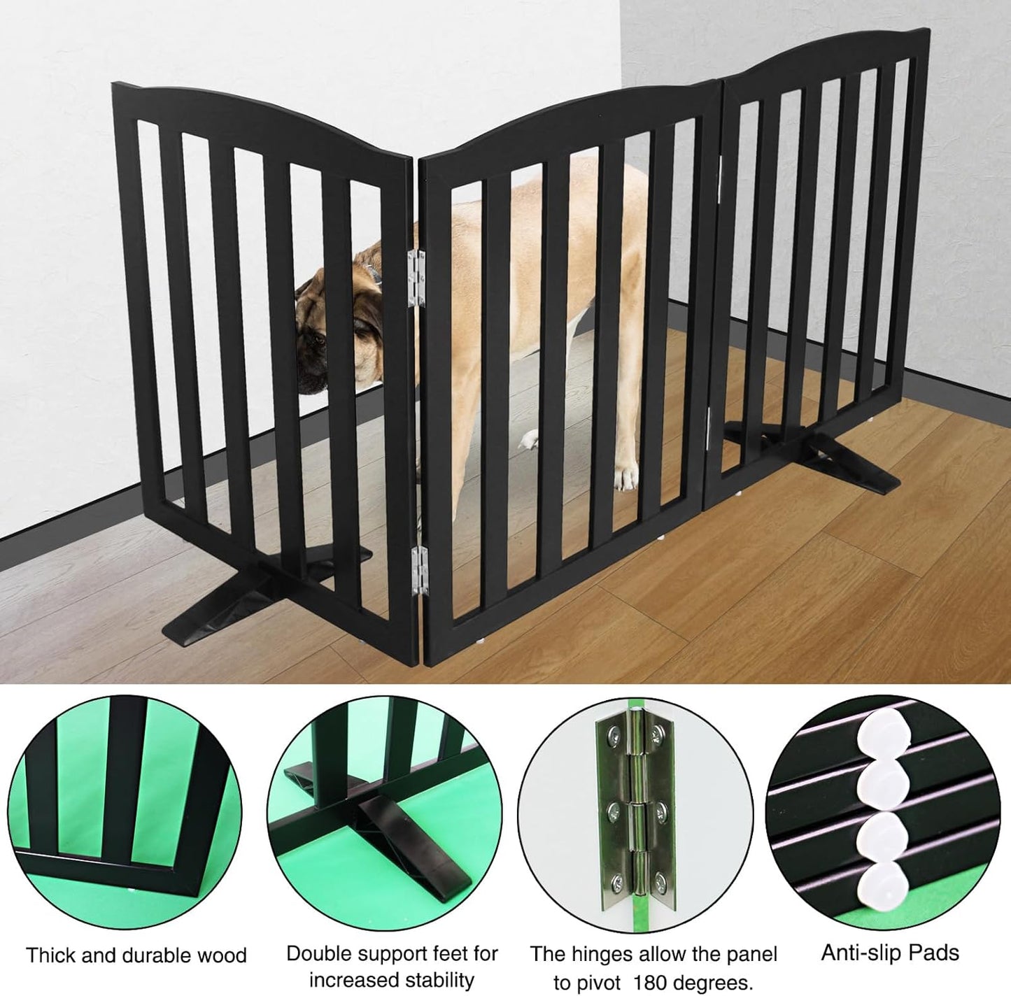 ZJSF Foldable Freestanding Indoor Dog Gate for House Wood White Long Pet Gates Dog Fence for Stairs Puppy Gates for Hallways,Pet Fence, Puppy Gate,Support Feet Included 24 "Height-3 Panels