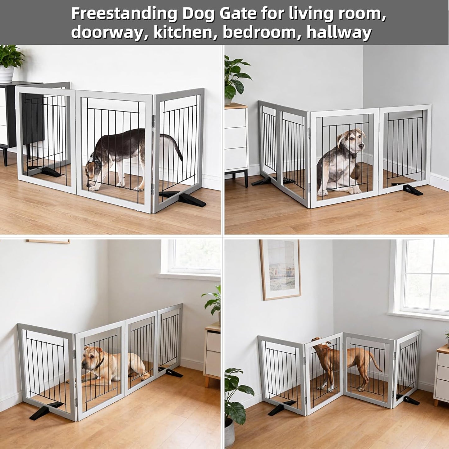 ZJSF Freestanding Dog Gate Indoor, Foldable Dog Fence for Doorways,Hallways or Stairs, Sturdy Wood Extra Wide Pet Gate with Support Feet,Black,24 "Height-3 Panels
