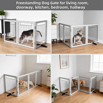 ZJSF Freestanding Dog Gate Indoor, Foldable Dog Fence for Doorways,Hallways or Stairs, Sturdy Wood Extra Wide Pet Gate with Support Feet,Black,24 "Height-3 Panels