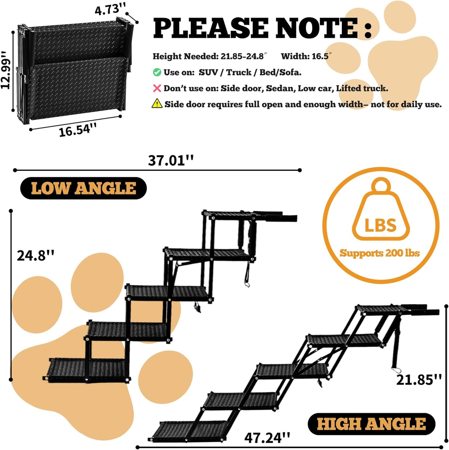 Dog Stairs for Car - Foldable 5-Step Non-Slip Pet Stairs for Home, Lightweight Dog Steps for Senior & Small Dogs to SUV, Truck, Bed - Supports 200 lbs