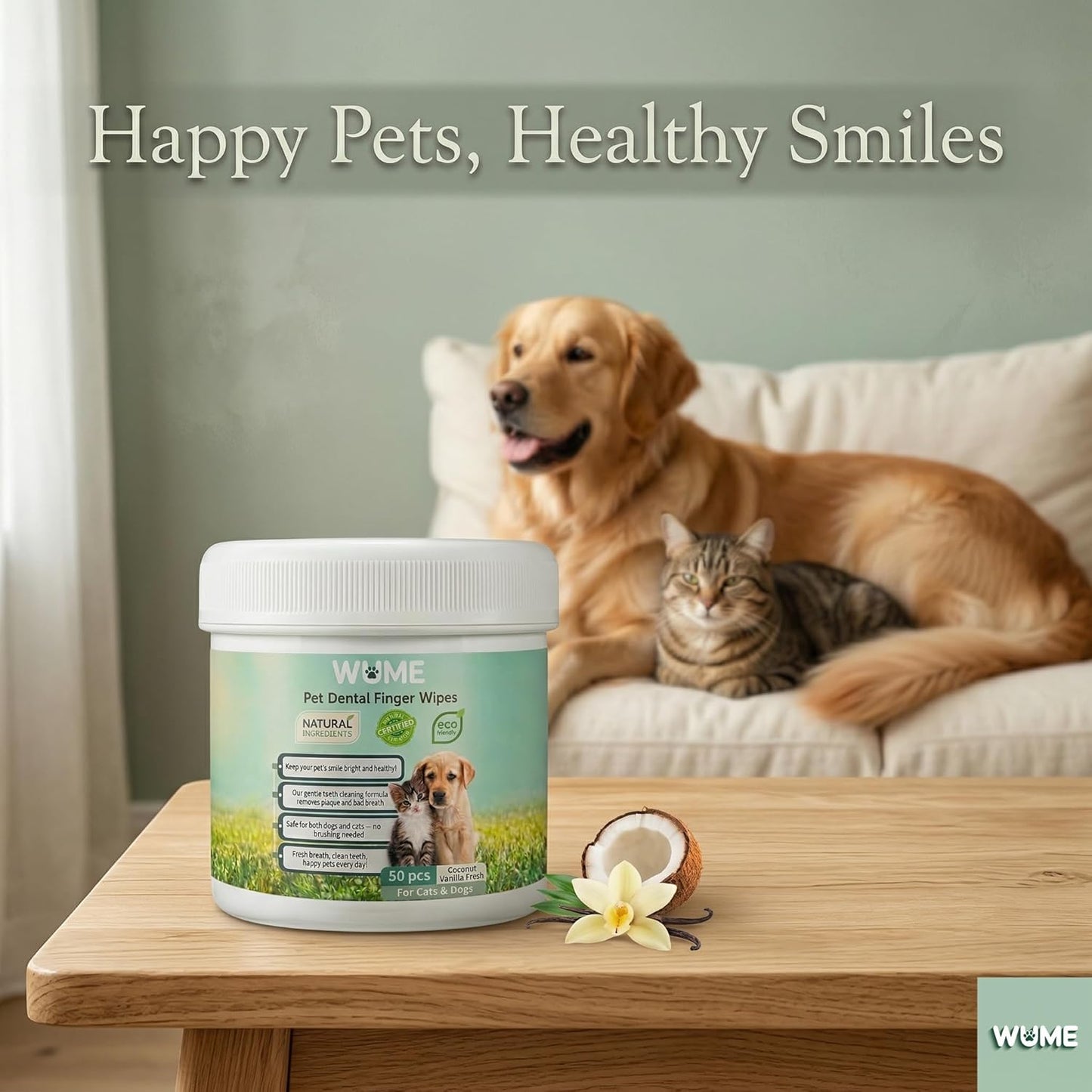 WUME Pet Dental Finger Wipes for Dogs & Cats Vet-Inspired Teeth Cleaning Wipes, Toothbrush Alternative, Gentle, Alcohol-Free, Disposable, 50 Counts