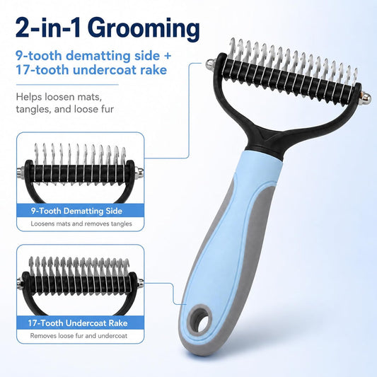 Pet Pro Grooming Tool, Long-Haired Dog Shedding Remover, Brush for Undercoat, Detangling and Hair Removal, Professional Comb, Stainless Steel(pink+blue)