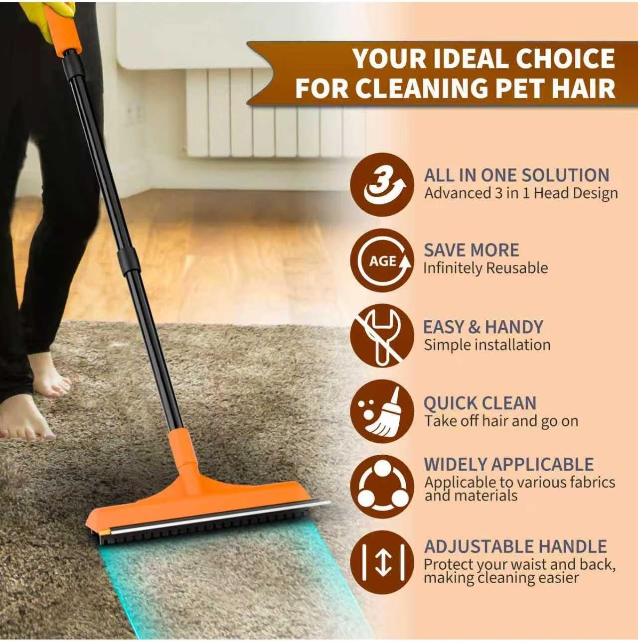 Carpet Rake for Pet Hair Removal - Reusable Dog & Cat Hair Remover with 58" Reinforced Steel Handle, 3-in-1 Professional Modular Rug Rake & Scraper Tool for Shag Rugs, Couch, Stairs (Gray)